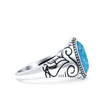 Filigree Vintage Style Lab Opal Ring Solid Oval Oxidized Lab Created Blue Opal 925 Sterling Silver